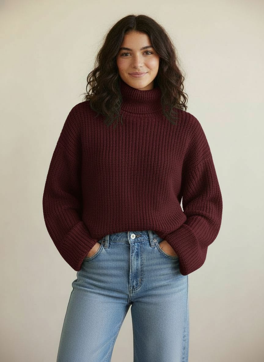 Woman wearing a burgundy turtleneck sweater with light blue high-waisted jeans
