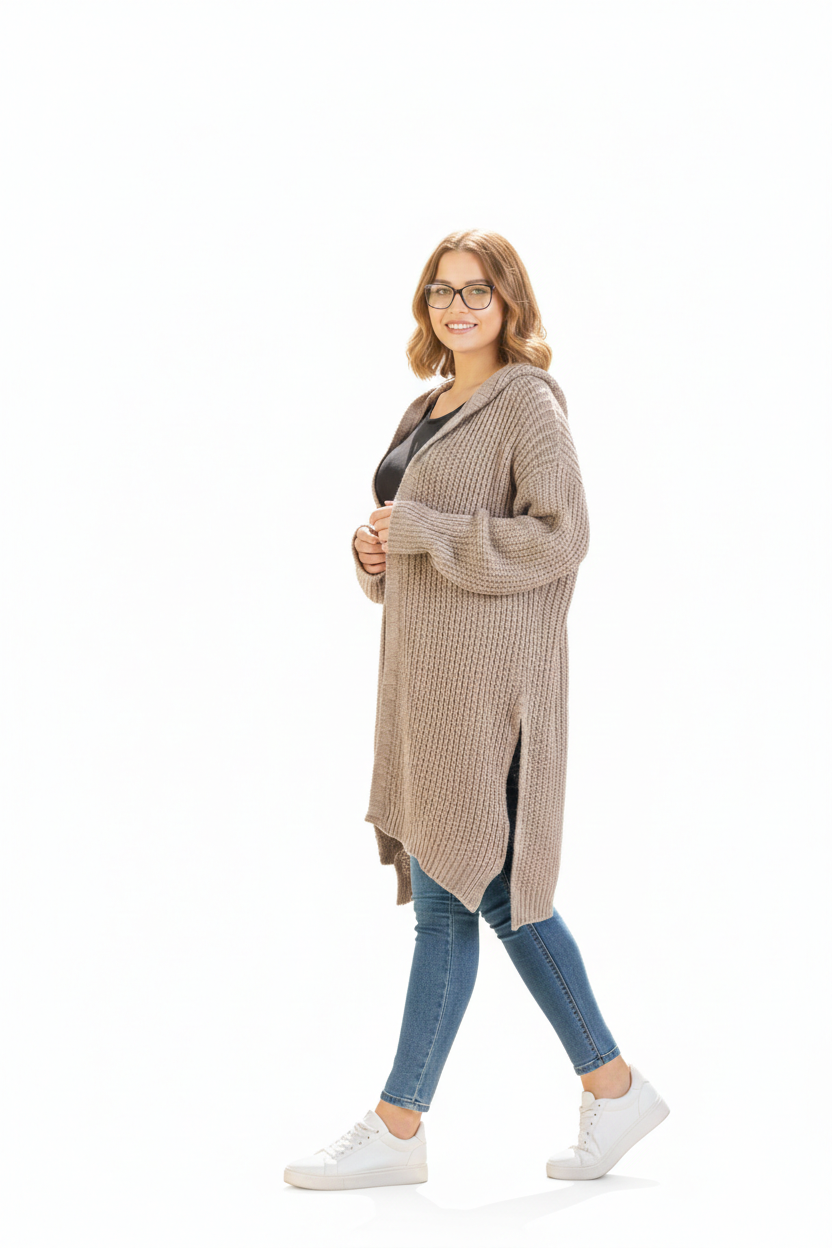 Woman wearing oversized beige knit cardigan with jeans and white sneakers