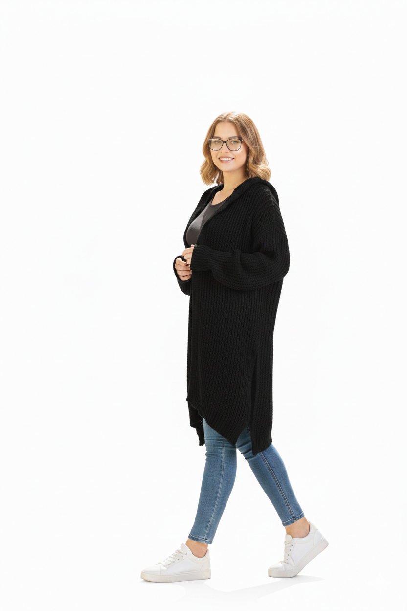 Woman wearing an oversized black knitted cardigan, jeans, and white sneakers on white background.