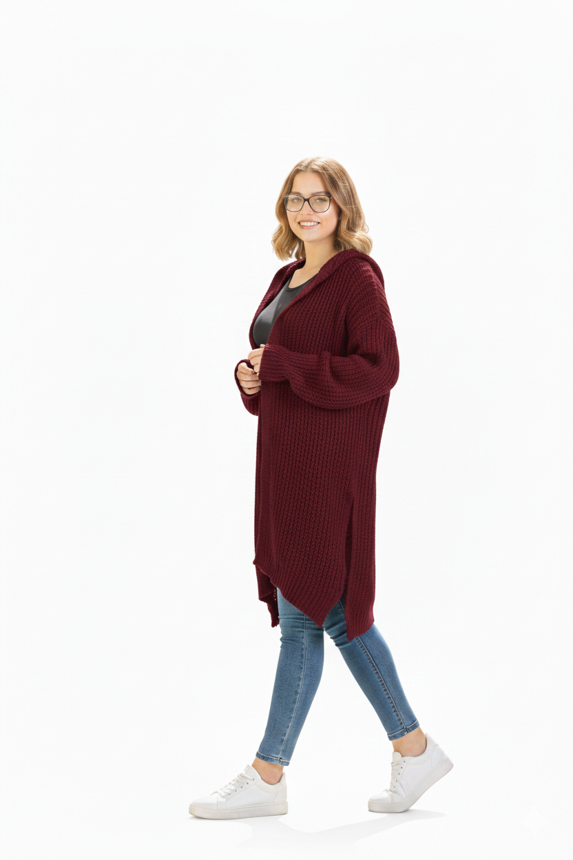 Woman wearing oversized burgundy knit cardigan, blue jeans, and white sneakers