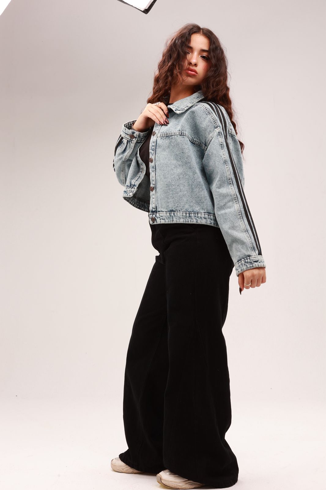 Denim Jacket with Striped Sleeves