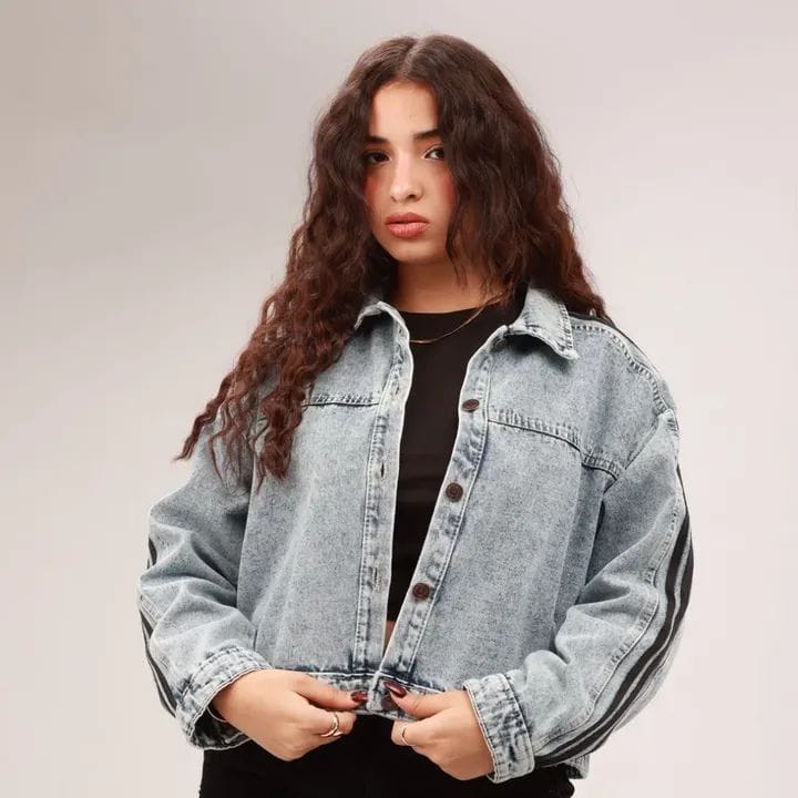 Denim Jacket with Striped Sleeves