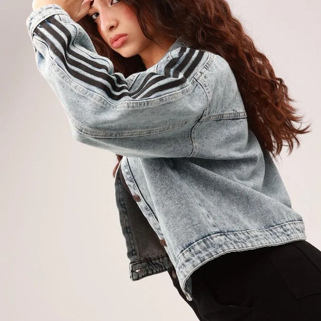 Denim Jacket with Striped Sleeves