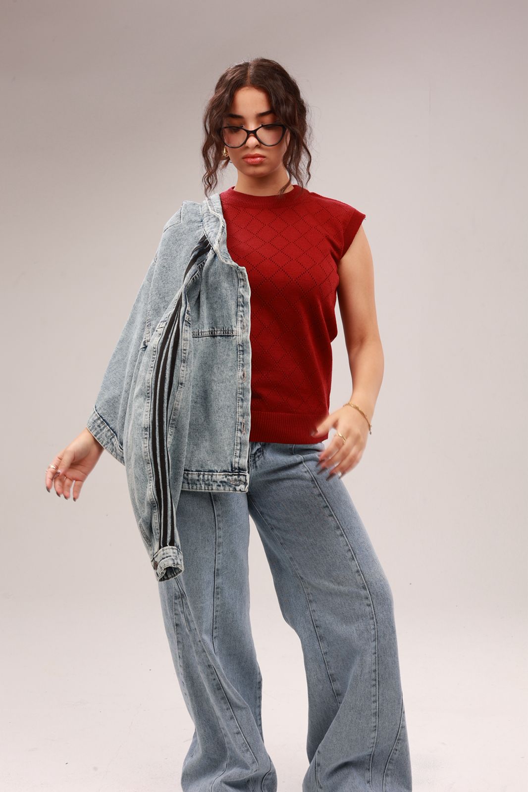 Denim Jacket with Striped Sleeves